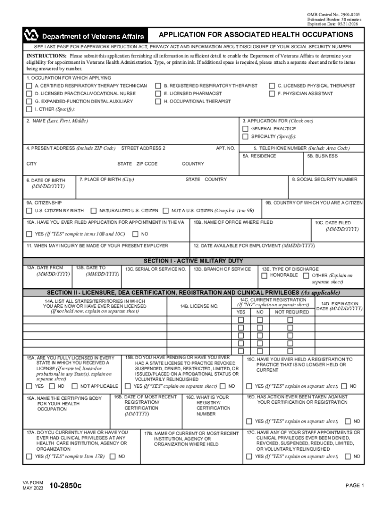 VA Form 10 2850c APPLICATION for ASSOCIATED HEALTH OCCUPATIONS 2023-2025